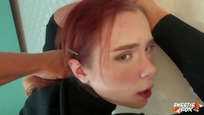Man Fucked in the mouth and pussy Obedient Redheaded bimbo and came on her tits
